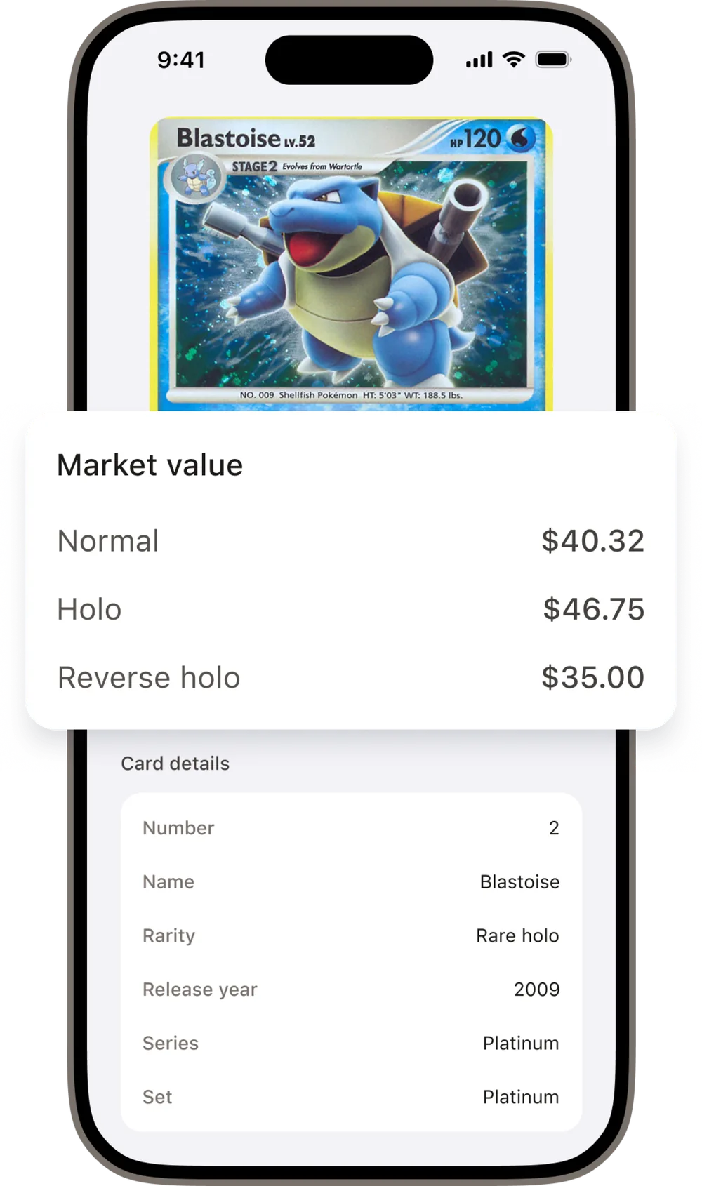 TCGster muestra una carta Blastoise escaneada con precios de mercado actuales y sus detalles.