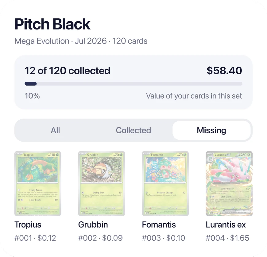 Pitch Black set progress with the missing cards.