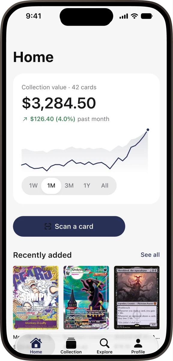 TCGster home screen with the total collection value and its chart.