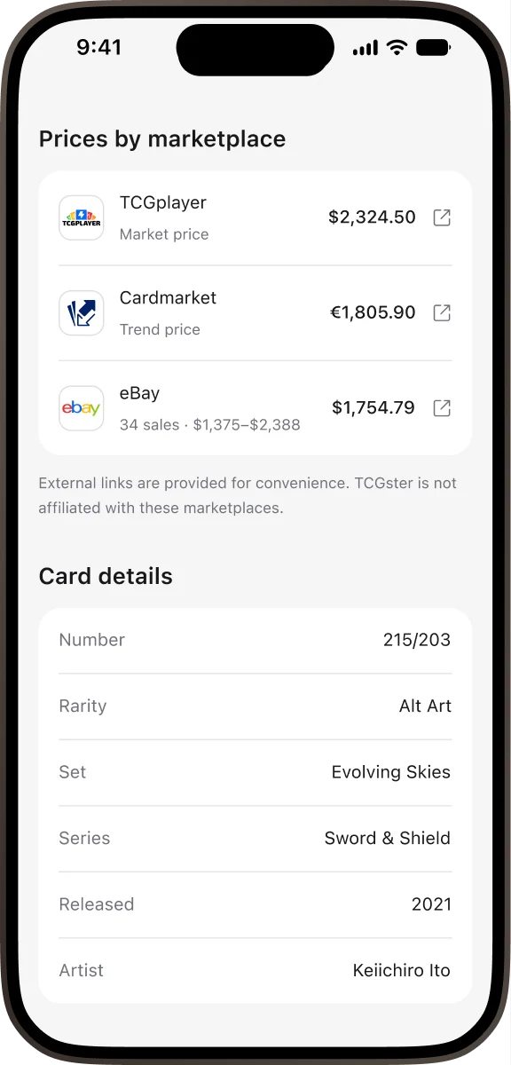 Card detail with prices from several marketplaces.