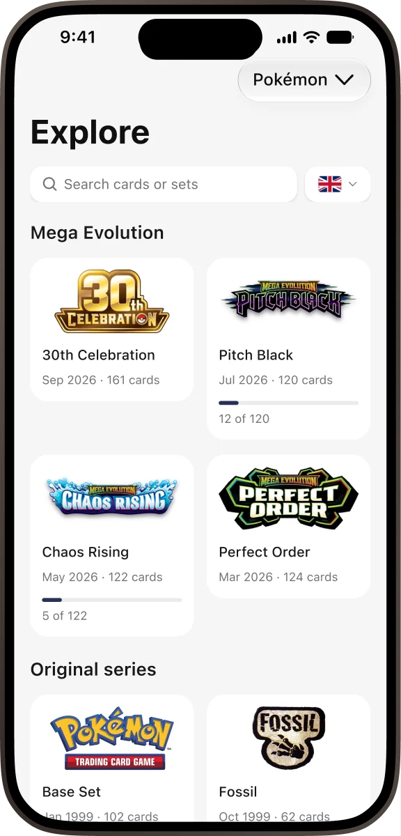 Explore screen with the latest Pokémon sets and set progress.
